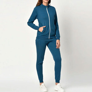 Survêtement bleu pour femme, fermeture éclair intégrale, couleur unie, col montant, sweat-shirt décontracté avec poches latérales, matière respirante en coton et élasthanne - Product Image 5