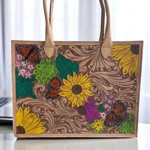 Sac fourre-tout en cuir floral artisanal pour femmes, sac à main en cuir véritable peint à la main - Product Image 2