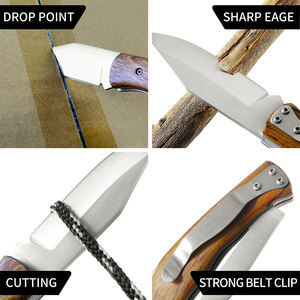 Wooden Handle Stainless Steel Folding Knife Straight <b>Back</b> 12 Cm Outdoor Camping Hunting Pocket Thumb Knob Opening OEM Custom - Product Image 6