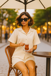 Ensemble coordonné urbain de luxe pour femmes, chemise à manches courtes et short en polyester doux, tailles M, L, XL, XXL, fournisseur en gros, Autres vêtements - Product Image 2