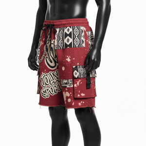 Short de bain homme premium 140 GSM en polyester et élasthanne, tissu à séchage rapide, design à empiècements rouge et noir, logo personnalisé imprimé à chaud. - Product Image 4