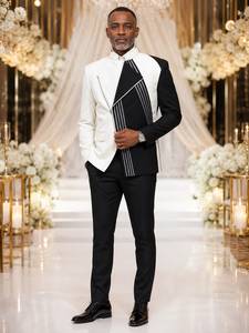 Ensemble de costume de mariage asymétrique brodé noir et blanc pour homme, pour le marié - Product Image 1