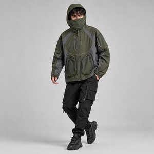 Chaqueta con Capucha Techwear para Hombre - Ropa Urbana Funcional Personalizada, Otoño, Tejido con Parches, Acolchada, Múltiples Bolsillos con Cremallera, Resistente al Viento, 100% - Product Image 3