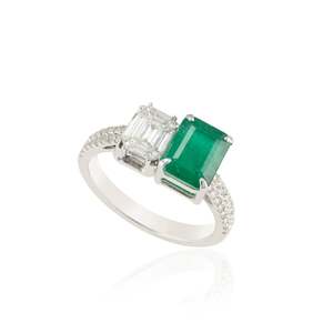 18K Yellow <b>Gold</b> Emerald Diamond Statement <b>Ring</b> for Women Resizable - Product Image 2