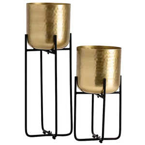 Maceta Moderna de Metal Dorado Martillado con Soporte de Metal Negro, Juego de Macetas Decorativas para Interiores - Product Image 1