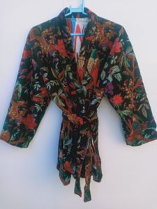 Bata tipo kimono de terciopelo con estampado floral de pájaros en negro |   Bata de Baño de Lujo de Manga Larga |   Ropa Casual para Mujer - Product Image 1