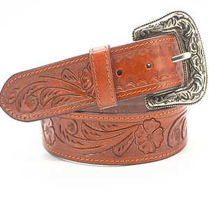 Cinturón de herramientas de cuero occidental con relieve floral tallado a mano para hombre duradero de una sola capa con hebilla de latón de diseñador tamaños personalizados - Product Image 2