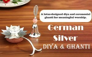Premium German <b>Silver</b> Lotus Diya with Bell Set | Polished Decorative Oil <b>Lamp</b> Deepak for Diwali Puja - Product Image 3