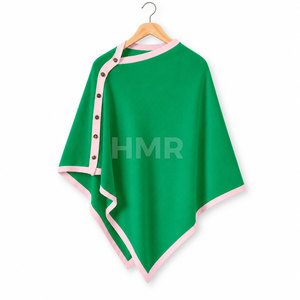 HMR Sorority Sisterhood Green Poncho With Pink Trim Asymmetric Batwing Sleeve Button Closure O-Neck Sweater Top - Product Image 1