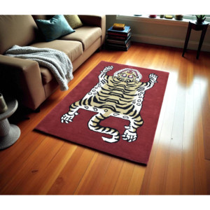 Tapis en laine de tigre tibétain sculpté à la main - Tapis rectangulaire bordeaux sur mesure à poils ras - Fournisseur en gros - Product Image 4