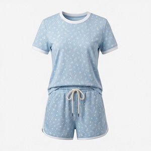 Women's 2 Piece Floral Print Knitted Short Sleeve T Shirt and Shorts Set Crew Neck Above Knee Casual Spring <b>Summer</b> Wear - Product Image 1