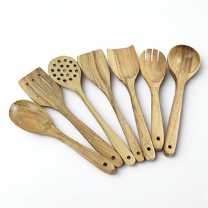 Juego de utensilios de madera para cocina, juego de cocina de madera de acacia, cuchara hecha a mano, 7 piezas de cucharas y espátula, para hornear, servir y mezclar – Regalo de Navidad - Product Image 3
