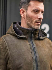Men's Brown Suede Leather Jacket With <b>Faux</b> <b>Fur</b> Lining Hooded Zipper Closure Windproof Winter <b>Coat</b> Regular Fit Workwear Style - Product Image 4