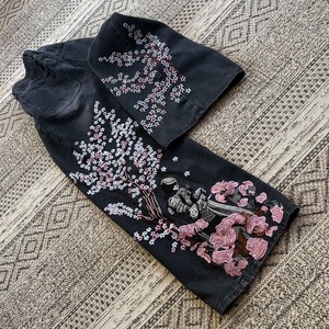 High Waisted Wide Leg Denim Pants With Floral Embroidery Dark Wash Loose Fit Full Length Women Casual Spring Style - Product Image 3