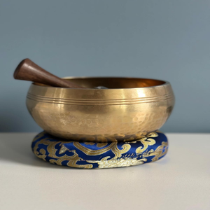 Hammered brass singing bowl with a <b>wooden</b> <b>mallet</b> For Chakra Cleaning Balancing Healing Sound Therapy available at wholesale rate - Product Image 1