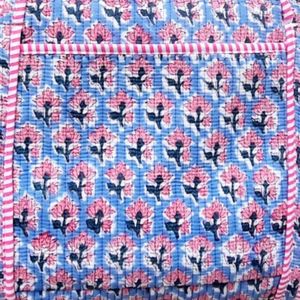 Blue Floral Hand Block Printed Cotton Sport Duffel <b>Bag</b> <b>Large</b> Capacity Zipper Closure Casual Travel Weekend for Striped Handles - Product Image 2