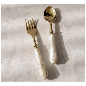 Latest Design MOP Handle Salad Server Set Glossy <b>Gold</b> Plated Salad <b>Spoon</b> Fork Set Kitchen Tool Utensils <b>Serving</b> <b>Spoons</b> Cutlery - Product Image 1