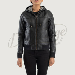 Premium Women Black Real Leather Hooded <b>Jacket</b> Slim Fit Soft <b>Sheepskin</b> Bomber <b>Jacket</b> With Drawstring Hood Casual Outerwear - Product Image 6