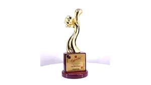 Trofeo de premio con acabado dorado y base de madera para reconocimiento de logros, apreciación corporativa con diseño de gestos. - Product Image 2