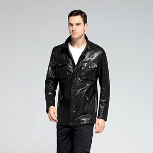 Black Men's Genuine <b>Leather</b> <b>Winter</b> Bomber <b>Jacket</b> with Stand Collar Front Logo Zipper Closure RELEVO INDUSTRY Spandex Lining - Product Image 5
