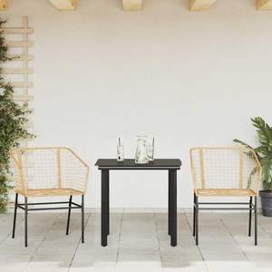 Juego de comedor de patio de 3 piezas de ratán sintético marrón con mesa de vidrio, muebles de jardín para exteriores, estilo contemporáneo, estructura de acero - Product Image 4