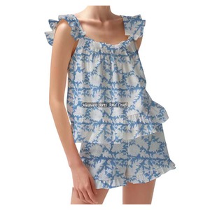 Vêtements de nuit en coton short et pyjama ensemble main bloc bande imprimé printemps/été Floral ajusté bretelles volants garniture manches PJ ensemble - Product Image 2