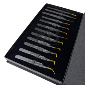 Precision Stainless Steel Eyelash Tweezers <b>Set</b> with Gold Tips Anti-Magnetic & Durable in Black Box Packaging for Lash Artists - Product Image 6