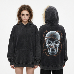 Sweat à capuche Absinthe Fairy 400GSM vert délavé à l'effet minéral avec motif crâne lumineux, streetwear féminin Neoteric, pull oversize en velours avec poches - Product Image 3