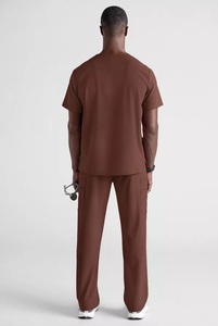 Men V Neck <b>Scrub</b> Set Brown 5 Pocket Top 10 Pocket Pants Hospital <b>Uniform</b> Spandex/Polyester Woven Needle Detection Seamless - Product Image 3