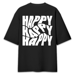 เสื้อยืดผู้ชายสีดำลายกราฟิกพิมพ์ลาย Happy Wavy สไตล์สตรีทแวร์ ผ้าคอตตอน 100% หนานุ่ม ทรงโอเวอร์ไซส์ วินเทจ ลุคซักยืด แขนสั้น - Product Image 5