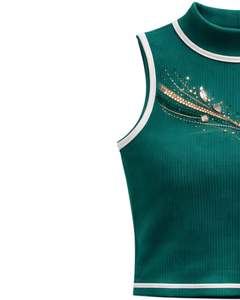 Débardeur côtelé vert émeraude personnalisé pour femme avec rayures en strass, sans manches, été, fabrication sur mesure - Product Image 4