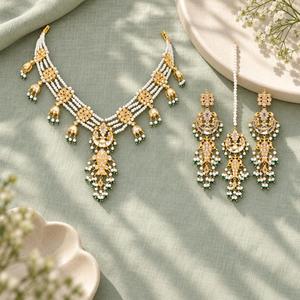 <b>Gold</b> Plated Layered Faux Pearl Necklace Earrings and Maang Tikka <b>Set</b> with Green Beads Bridal Jewelry Factory Wholesale - Product Image 3