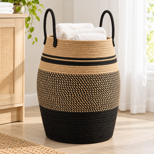 Panier à linge moderne personnalisable en corde de jute 100 % écologique avec poignées, design tressé noir naturel pour rangement domestique, vente en gros - Product Image 6
