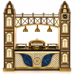 Buffet moderne classique illuminé en or |   Station de restauration décorative Lotus Arch avec dessus en acier inoxydable - Product Image 3