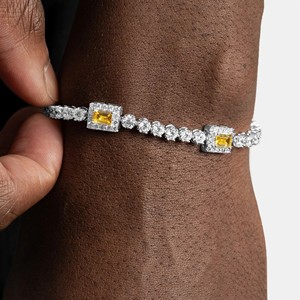 Bracelet chaîne en or blanc plaqué diamant avec pierres jaunes taille émeraude, design géométrique, bijoux de mariage classiques pour femme - Product Image 2