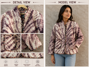 Vintage Tie Dyed <b>Quilted</b> Mandarin Collar Hooded Jacket Patch Pockets Full Sleeve 100% Organic Cotton Outerwear Warm Casual Coat - Product Image 4