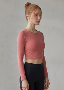 Haut court de yoga et fitness pour femme, col rond, manches longues, débardeur court, vêtement de sport pour femme, tee-shirt court, haut d'entraînement pour femme - Product Image 3