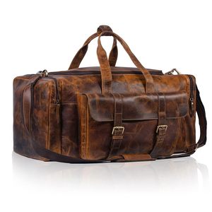 Genuine Leather Bag Men's Casual Travel Weekender <b>Adjustable</b> <b>Strap</b> Zipper Hasp Closure 30-40L Capacity Durable Shoulder Bag - Product Image 3