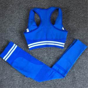 <b>Blue</b> 2 Piece Yoga Set Racerback <b>Crop</b> <b>Top</b> High Waist Leggings Solid Color Ribbed Seamless Breathable Women Workout Wear Custom r - Product Image 1
