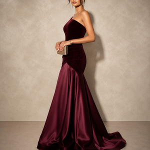 Abito da sera di lusso <span class=keywords><strong>bordeaux</strong></span> da donna, monospalla, con corpetto in <span class=keywords><strong>velluto</strong></span>, vita arricciata, in raso, modello a sirena con strascico, per feste formali, all'ingrosso - Product Image 3