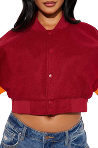 Veste varsity surdimensionnée pour femme en laine mérinos avec manches en cuir véritable, broderie personnalisée - Product Image 3