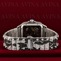 Reloj de Lujo para Hombre, Automático, Esqueleto, de Acero Inoxidable con Cristales |   Reloj de Pulsera Mecánico Cuadrado con Diamantes Blancos y Negros, Cristal de 20 mm con Incrustaciones Completas