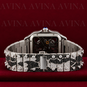 Luxury <b>Skeleton</b> <b>Automatic</b> Iced Stainless Steel <b>Watch</b> Men | Black White Diamond Square Mechanical Wristwatch Full Pave 20mm Glass - Product Image 3
