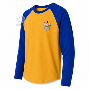 เสื้อยืดแขนยาวลำลองสำหรับผู้หญิง ลายปักตราสัญลักษณ์ Sigma Gamma Rho Sorority สีน้ำเงินทองตัดกัน แบบคัลเลอร์บล็อก - Product Image 2