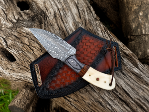 Handmade Damascus Steel Skinner <b>Knife</b> <b>Bone</b> <b>Handle</b> Cowboy Skinner <b>Knife</b>, Fixed Blade, Leather Cross Draw Sheath, Graduation gift - Product Image 2