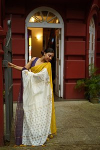 <b>Yellow</b> Floral Printed Cotton <b>Saree</b> With Dupatta Traditional Indian Women's Wear For Diwali Occasion - Product Image 3