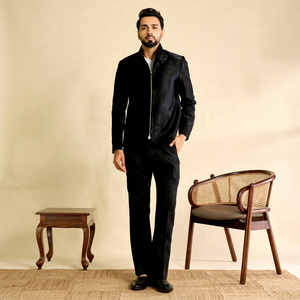 <b>Men's</b> Black <b>Velvet</b> <b>Jacket</b> With Matching Pant Stylish Formal Ethnic Wear Set For Wedding Party And Festive Events - Product Image 1