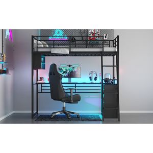 Letto a soppalco in metallo nero, doppia piazza, con scrivania a LED e 4 ripiani contenitore - Product Image 6