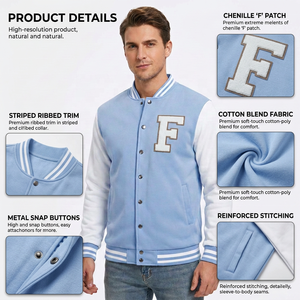 Veste universitaire de baseball personnalisée unisexe en polaire épaisse avec patch lettres sur le devant, style streetwear à boutons-pression - Product Image 6