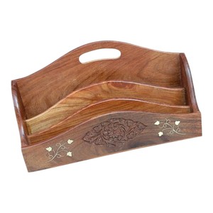 Wooden Desk Organizer <b>Tray</b> Polished Storage Bin Handle Multi Compartment Stationery Holder for <b>Office</b> Home Study Decor Oriental - Product Image 1